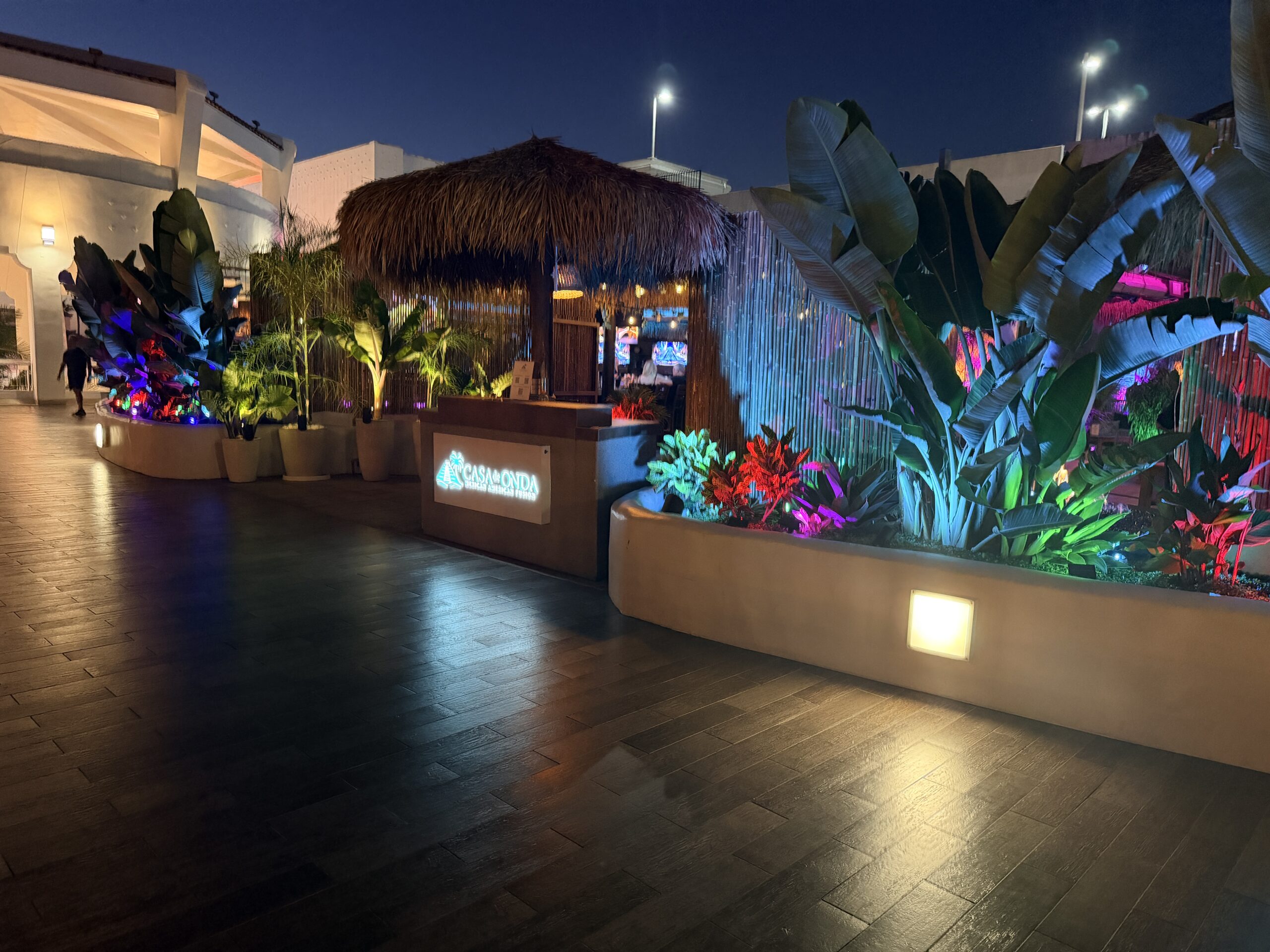 The lit entrance to Casa de Onda in Costa Mesa with tropical planters under coloured lighting