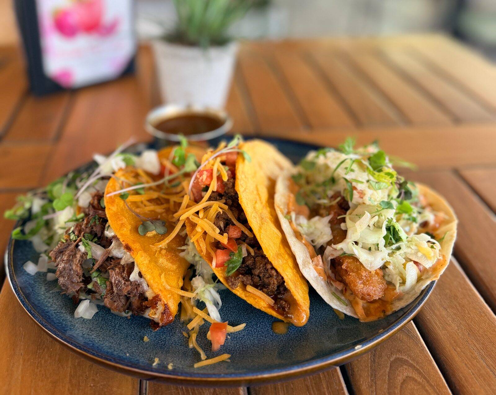 Birria, ground beef and fish tacos on a blue plate at Casa de Onda in Costa Mesa on Taco Tuesday