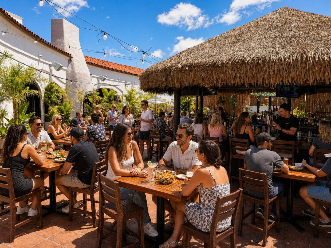 Guests at full tables on the Casa de Onda patio in daylight