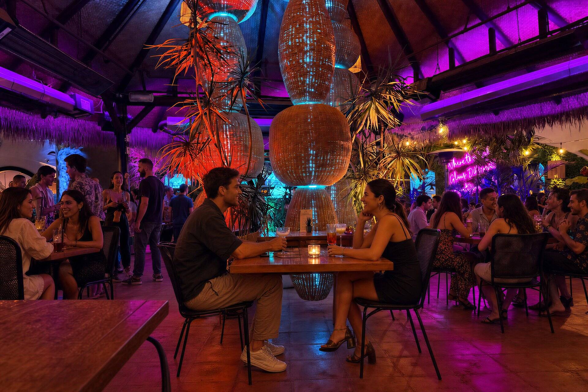 A couple at their table under the purple lit rattan pendants at Casa de Onda