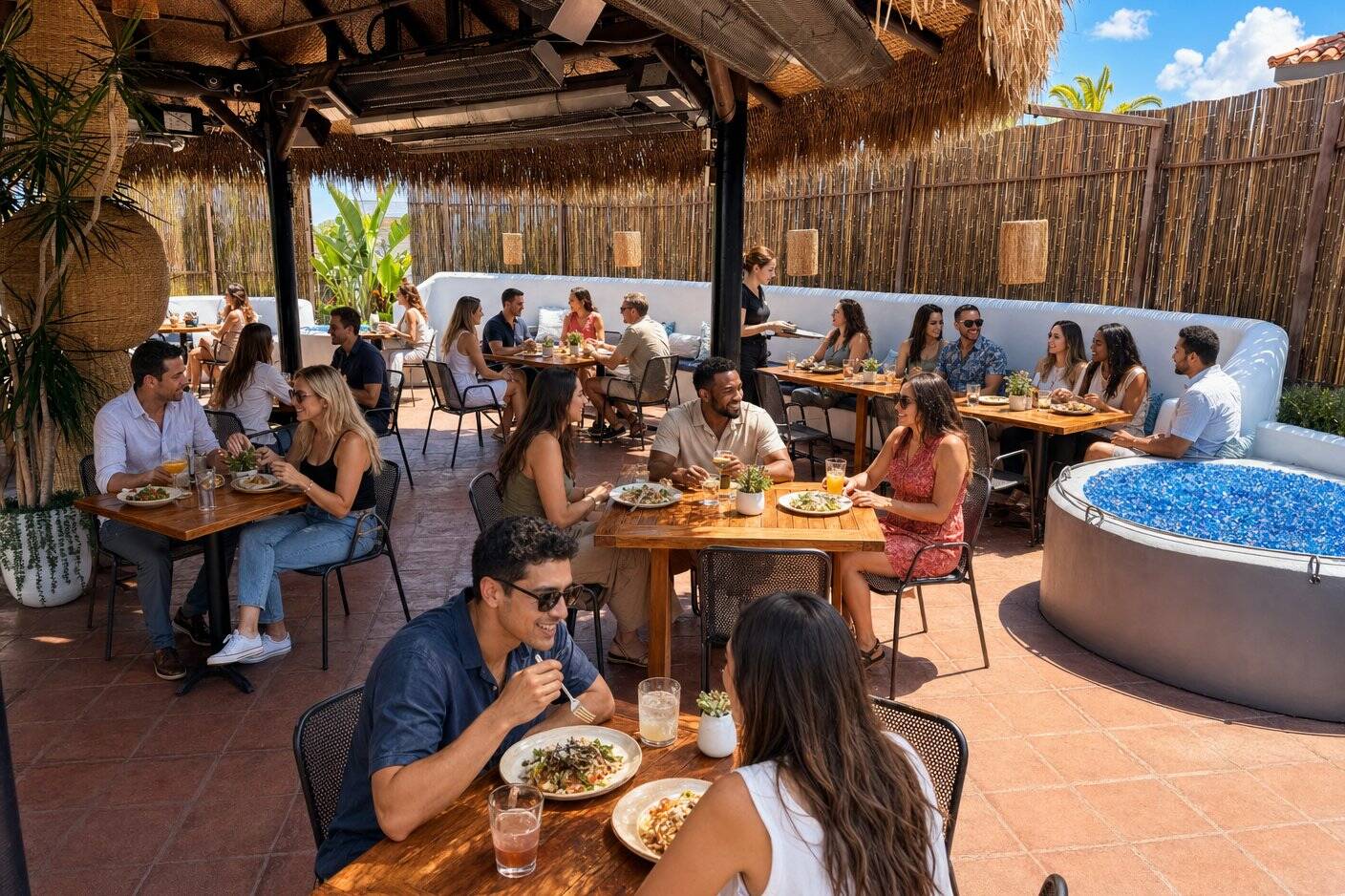 Guests at patio tables beside the fire pit at Casa de Onda in daylight