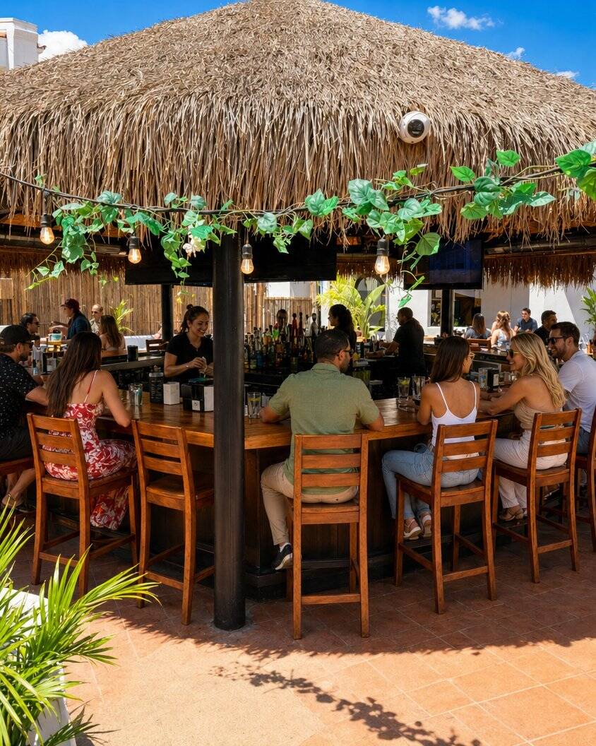 Guests at the palapa bar on the Casa de Onda patio in the afternoon
