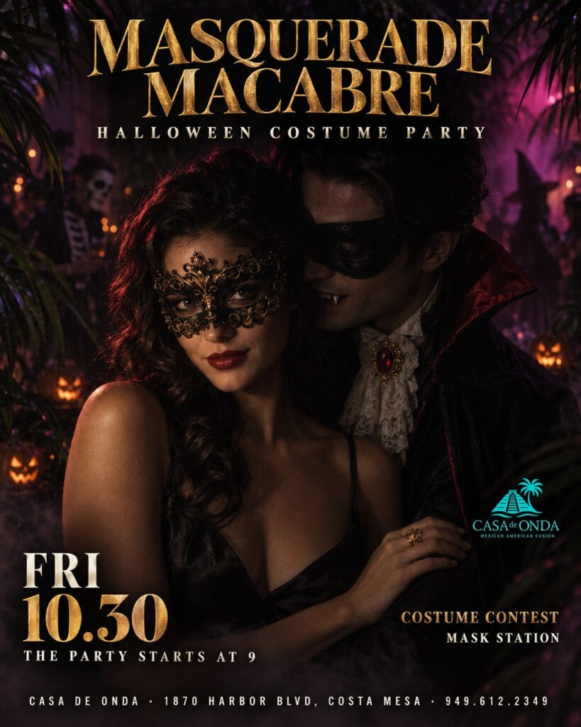 Masquerade Macabre, a Halloween costume party at Casa de Onda in Costa Mesa on Friday, October 30. The party starts at 9. A masked couple, him dressed as a vampire.