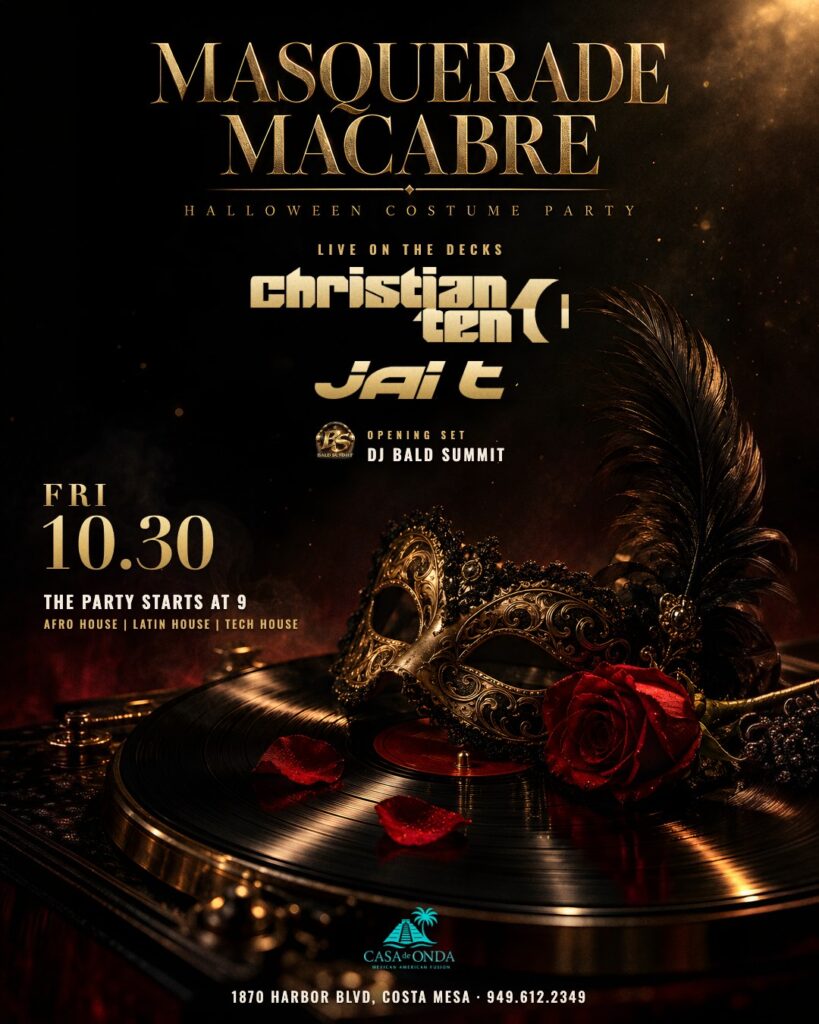 Masquerade Macabre, a Halloween costume party at Casa de Onda in Costa Mesa on Friday, October 30. The party starts at 9. Christian Ten and jai t on the decks, with DJ Bald Summit on the opening set. A gold masquerade mask and a red rose on a spinning record.