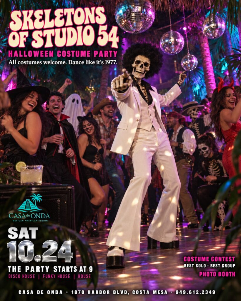 Skeletons of Studio 54, a Halloween costume party at Casa de Onda in Costa Mesa on Saturday, October 24. The party starts at 9. A skeleton in a white disco suit dances under mirror balls.