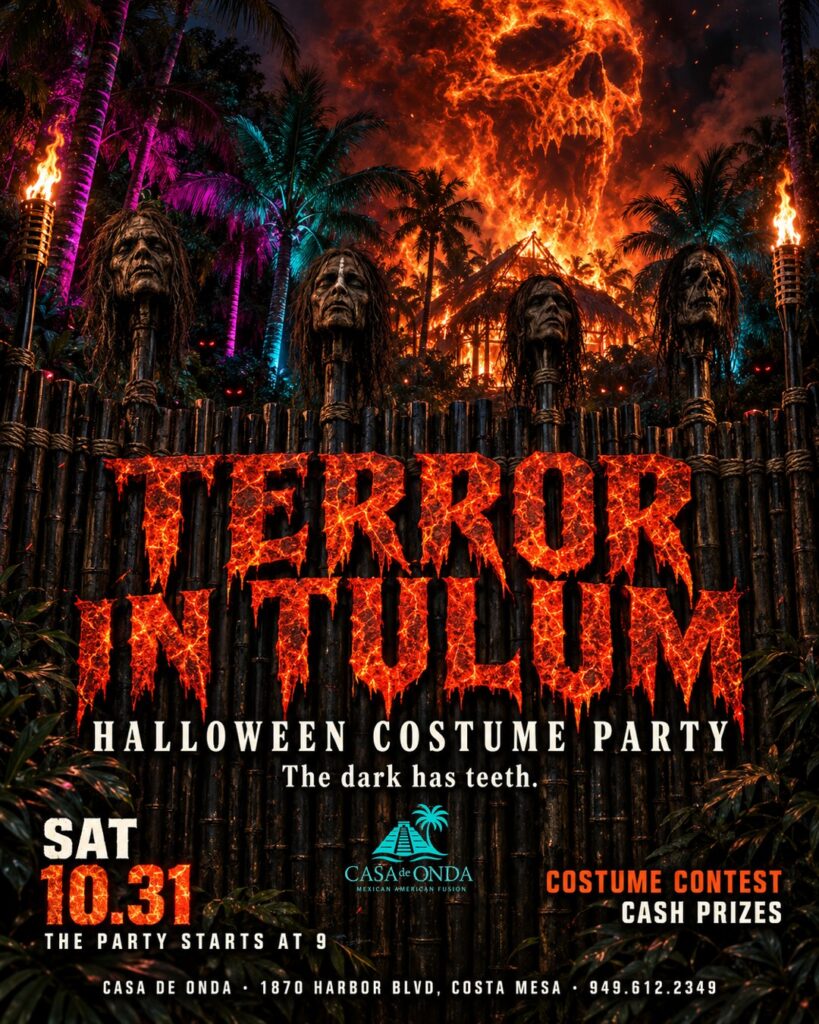 Terror in Tulum, a Halloween costume party at Casa de Onda in Costa Mesa on Saturday, October 31. The party starts at 9. A skull of fire rises over a dark jungle.