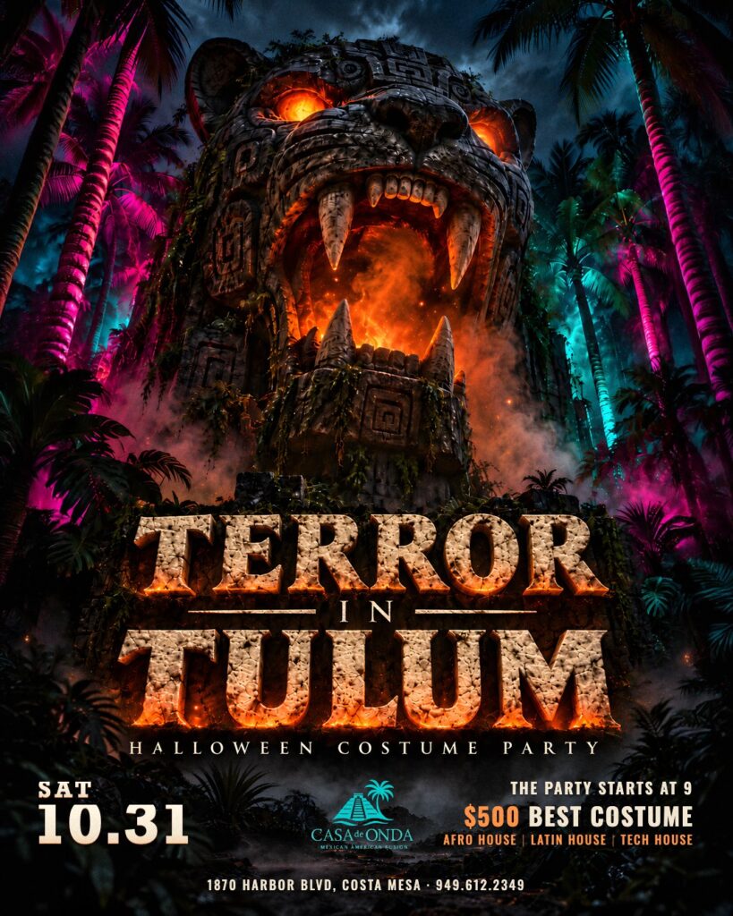 Terror in Tulum, a Halloween costume party at Casa de Onda in Costa Mesa on Saturday, October 31. The party starts at 9, with $500 for the best costume. A giant jaguar idol with fire in its jaws rises over a dark jungle.
